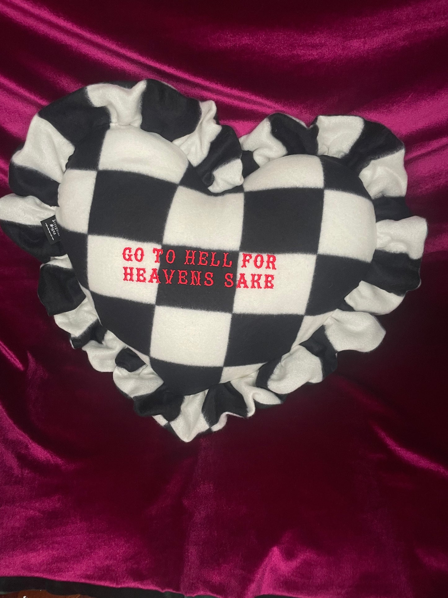 Go To Hell For Heavens Sake Plush Embroidered Heart Ruffle Cushion