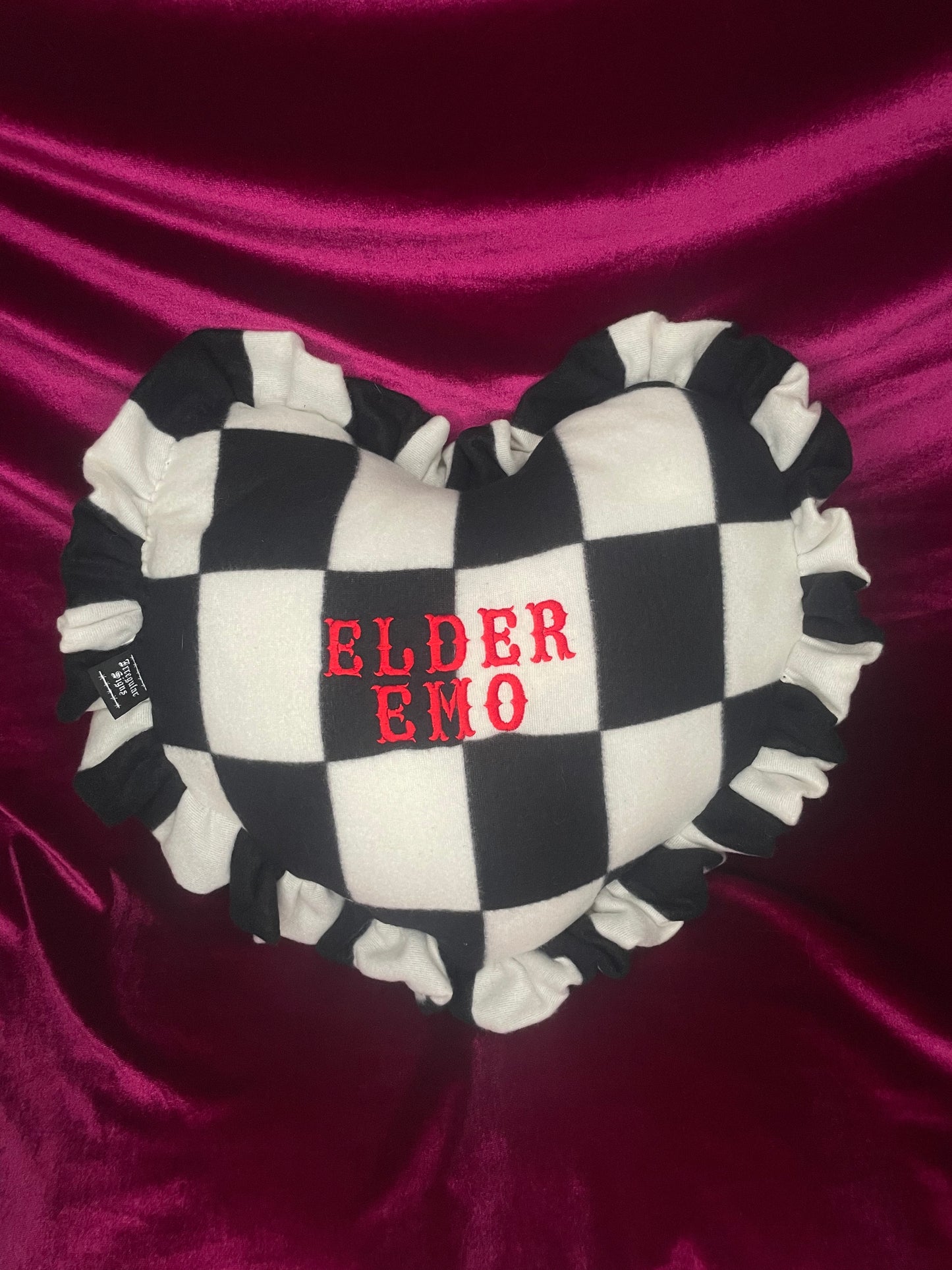 Elder Emo Plush Embroidered Heart Ruffle Cushion