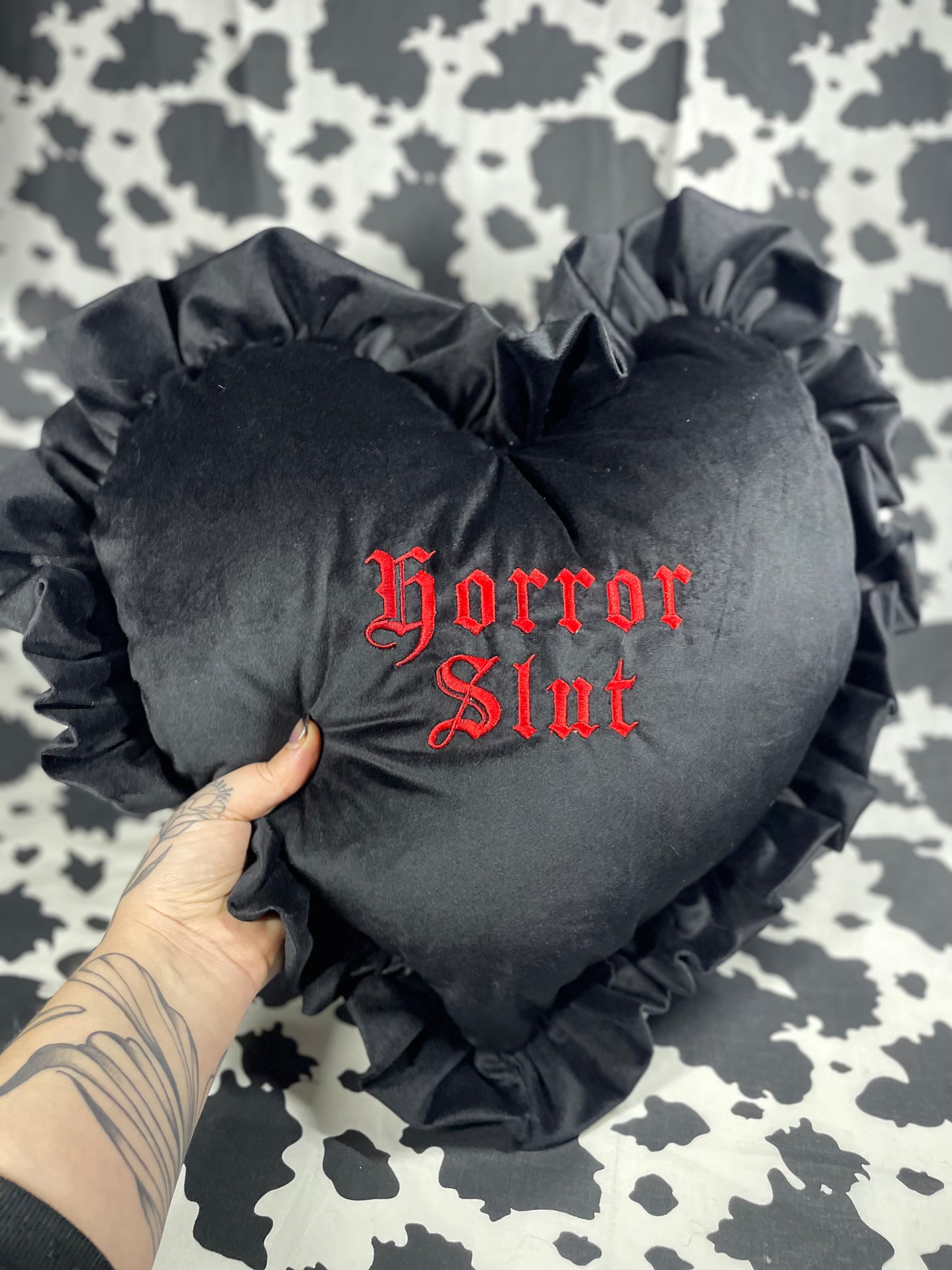 Horror Slut Velvet Embroidered Heart Ruffle Cushion