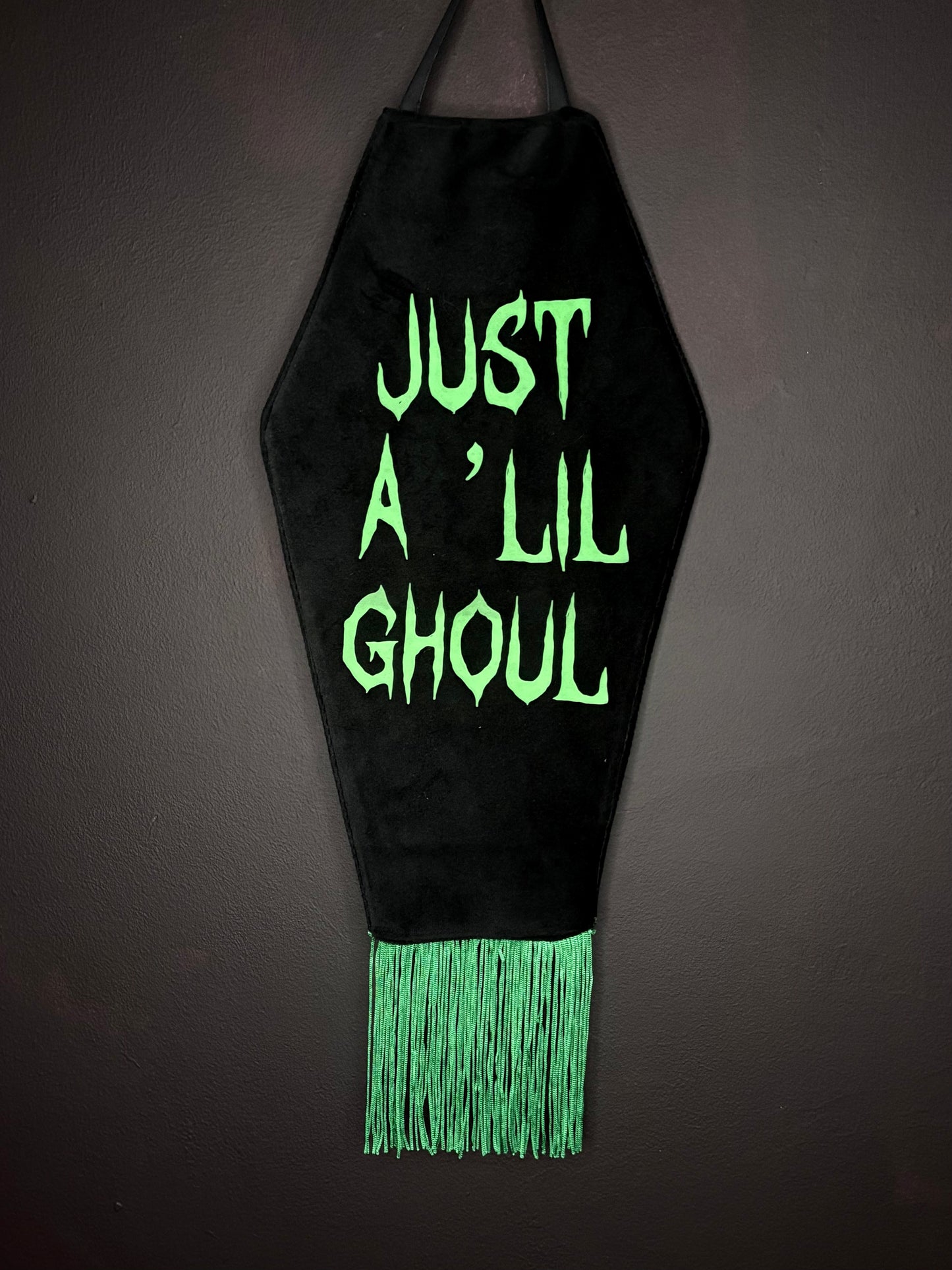 Lil Ghoul Black Velvet Coffin Shaped Fringe Banner Wall Hanging