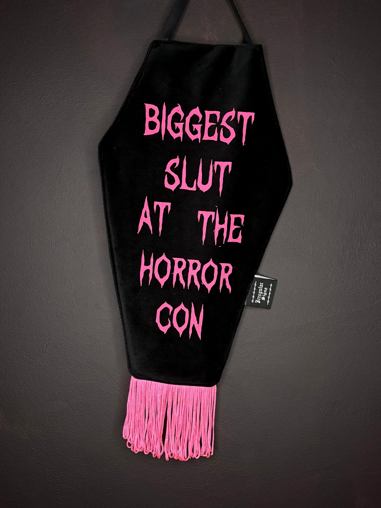 Pink Horror Con Black Velvet Coffin Shaped Fringe Banner Wall Hanging
