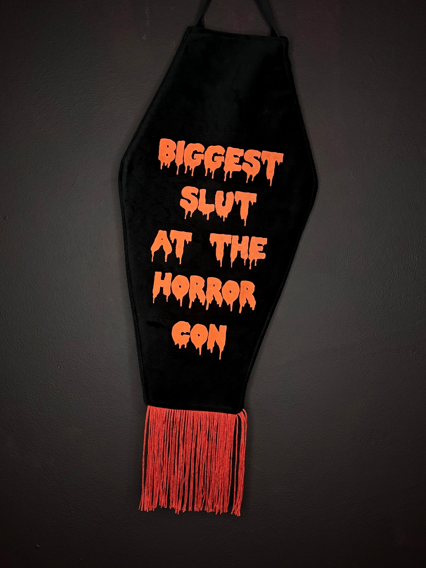 Orange Horror Con Black Velvet Coffin Shaped Fringe Banner Wall Hanging