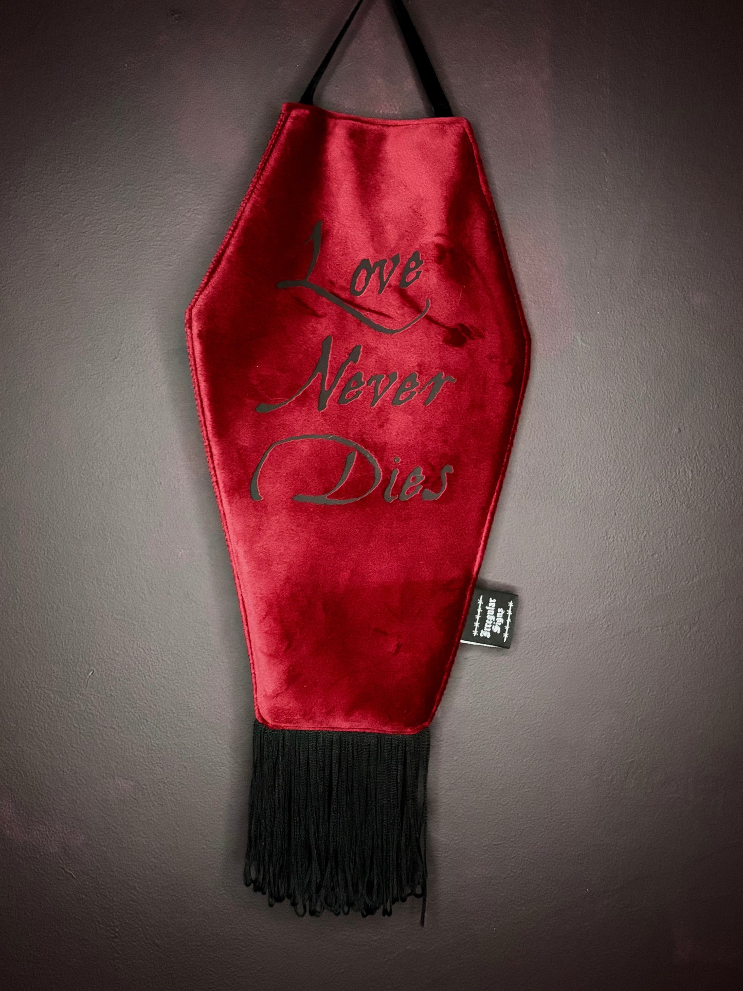 Love Never Dies Red Velvet Coffin Shaped Fringe Banner Wall Hanging