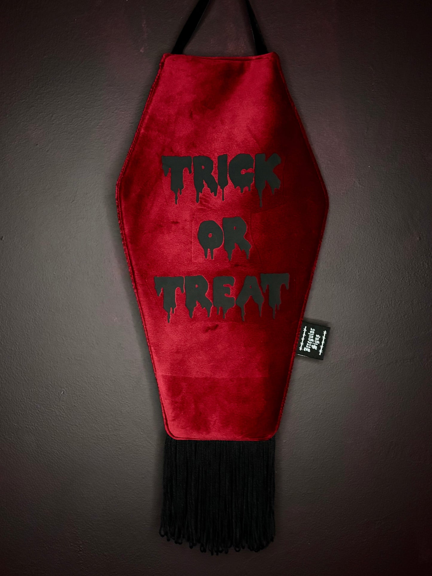 Trick or Treat Red Velvet Coffin Shaped Fringe Banner Wall Hanging