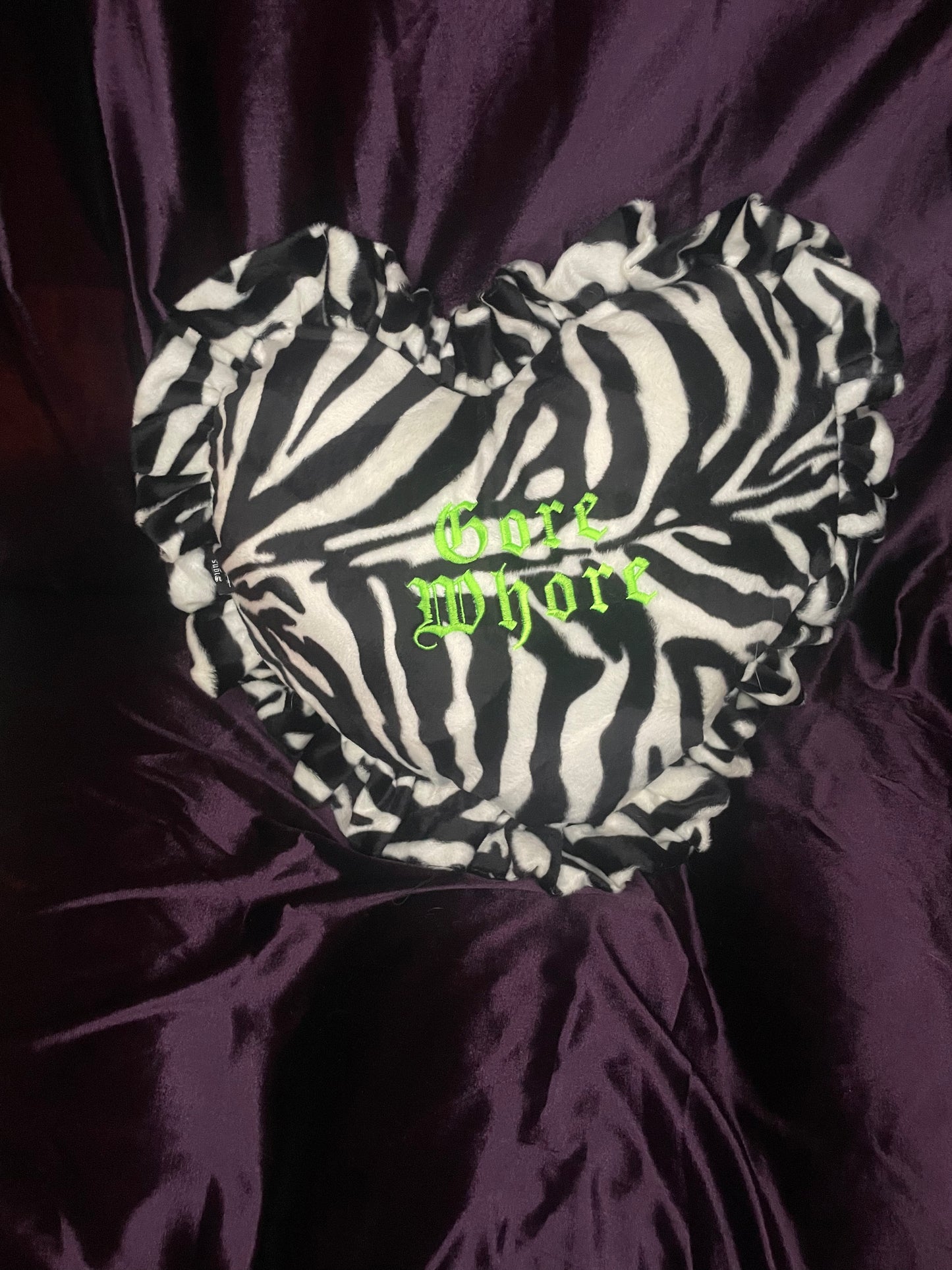 Gore Whore Velvet Embroidered Heart Ruffle Cushion