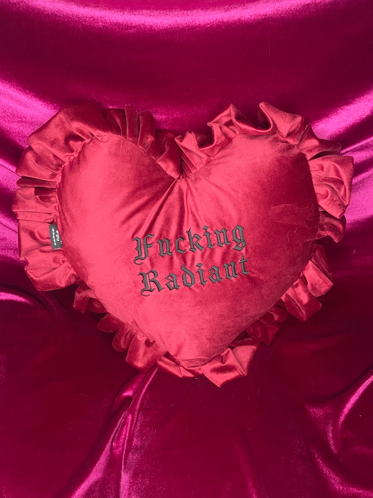 Fucking Radiant Velvet Embroidered Heart Ruffle Cushion