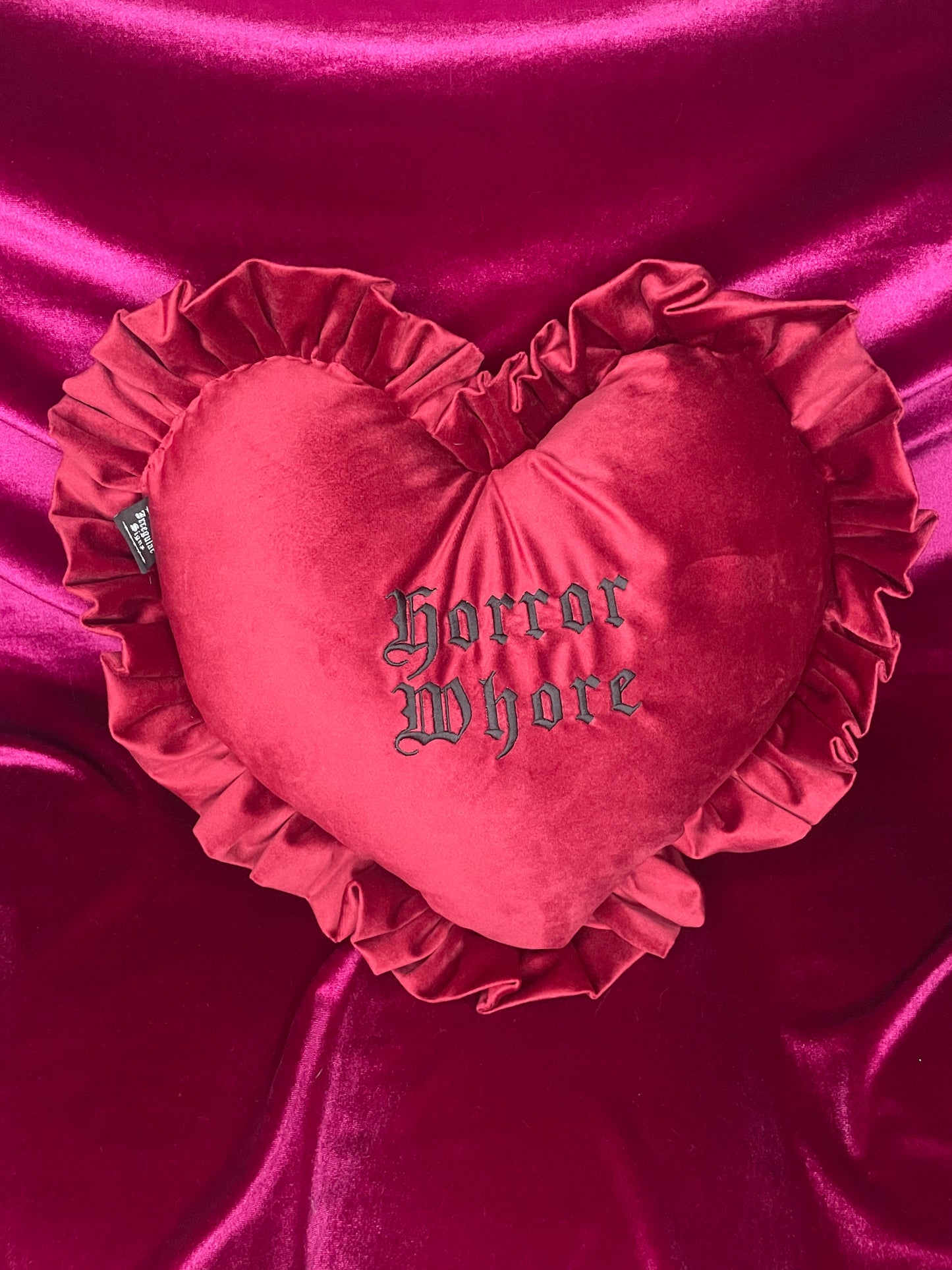 Horror Whore Velvet Embroidered Heart Ruffle Cushion