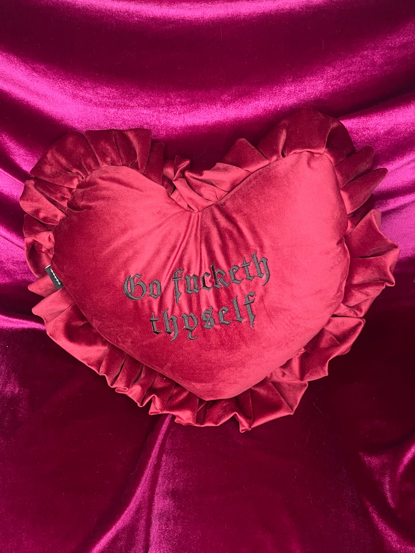 Go Fucketh Thyself Velvet Embroidered Heart Ruffle Cushion