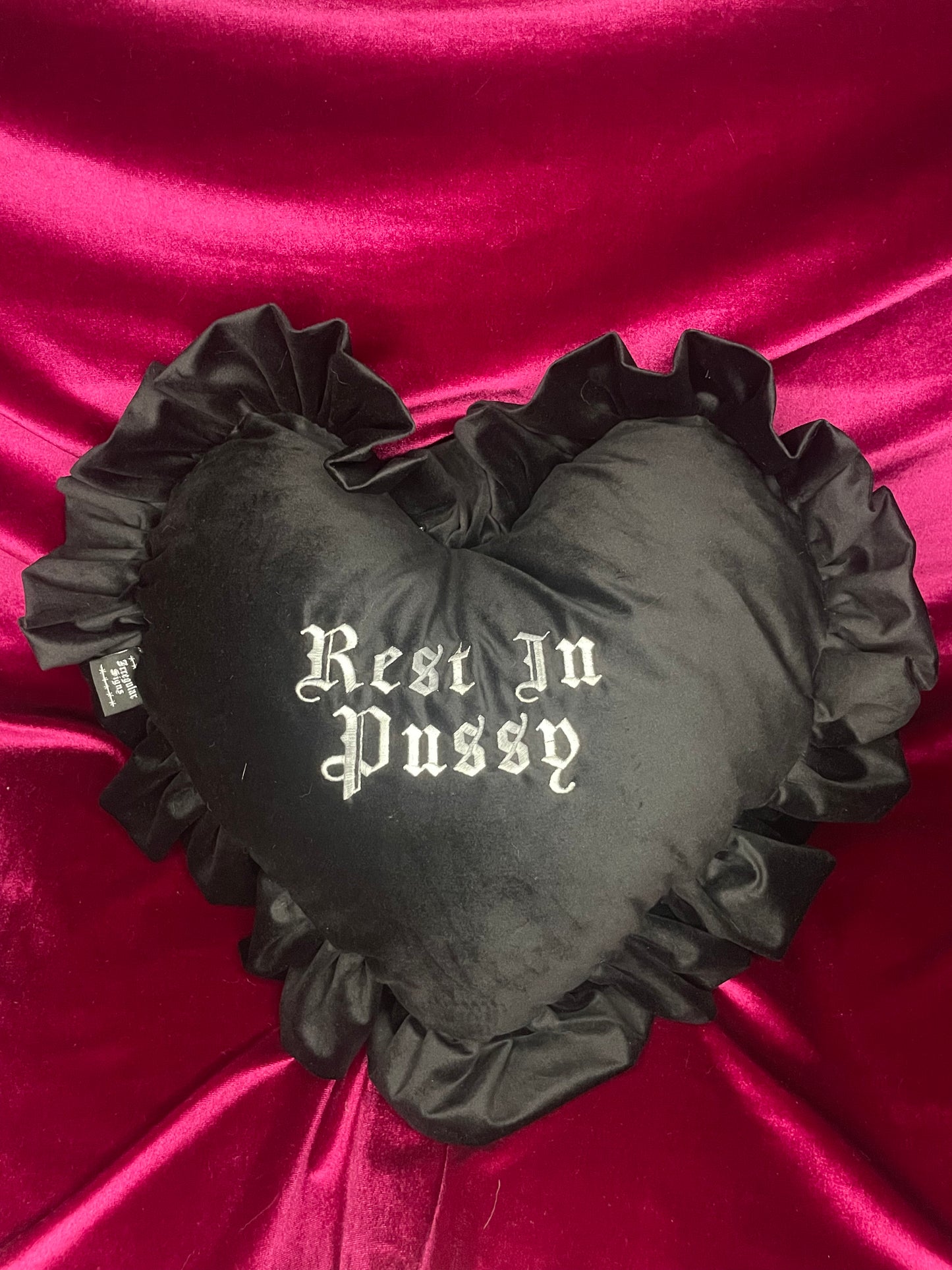 Rest In Pussy Velvet Embroidered Heart Ruffle Cushion