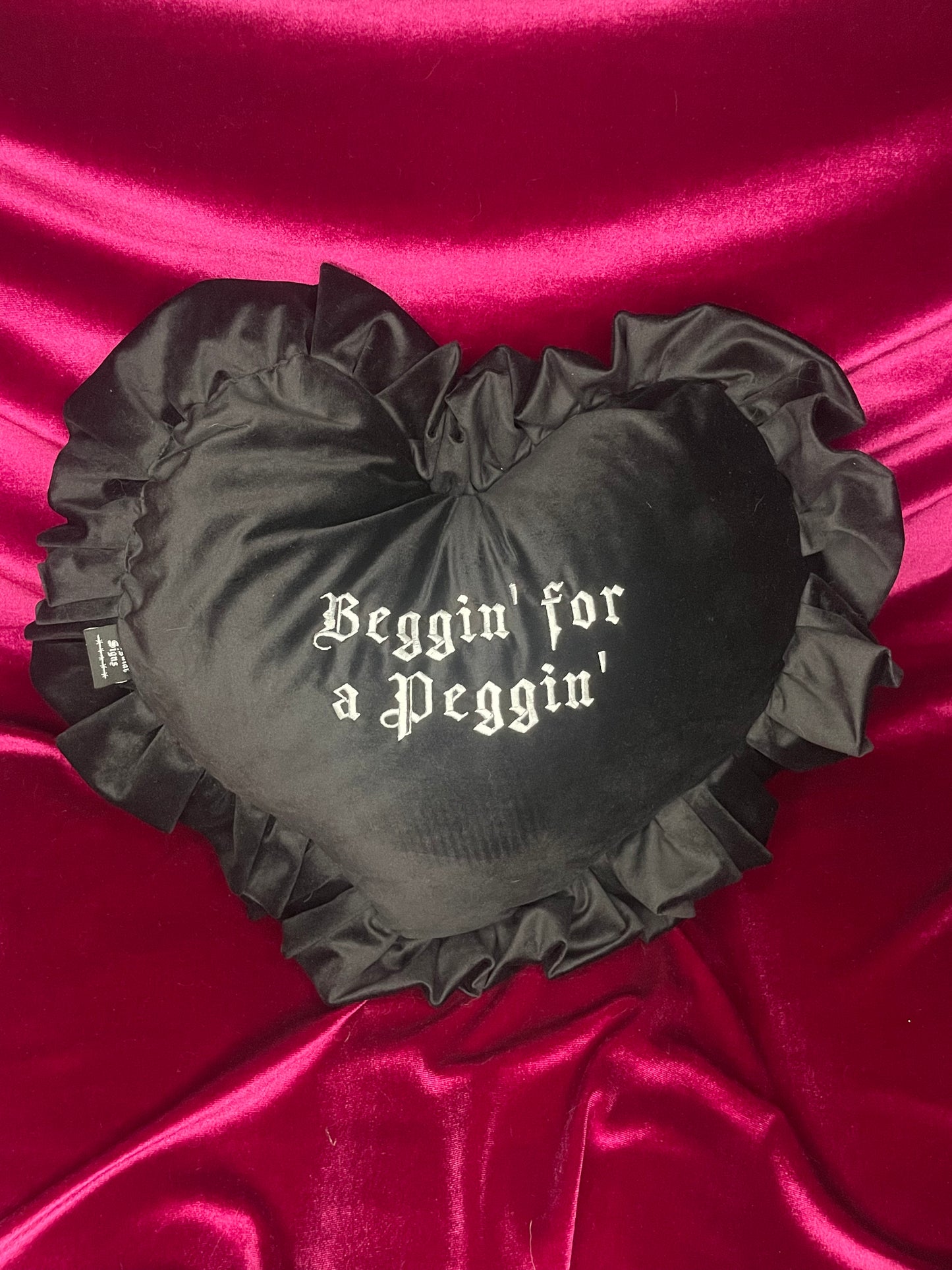 Beggin' For A Peggin' Velvet Embroidered Heart Ruffle Cushion