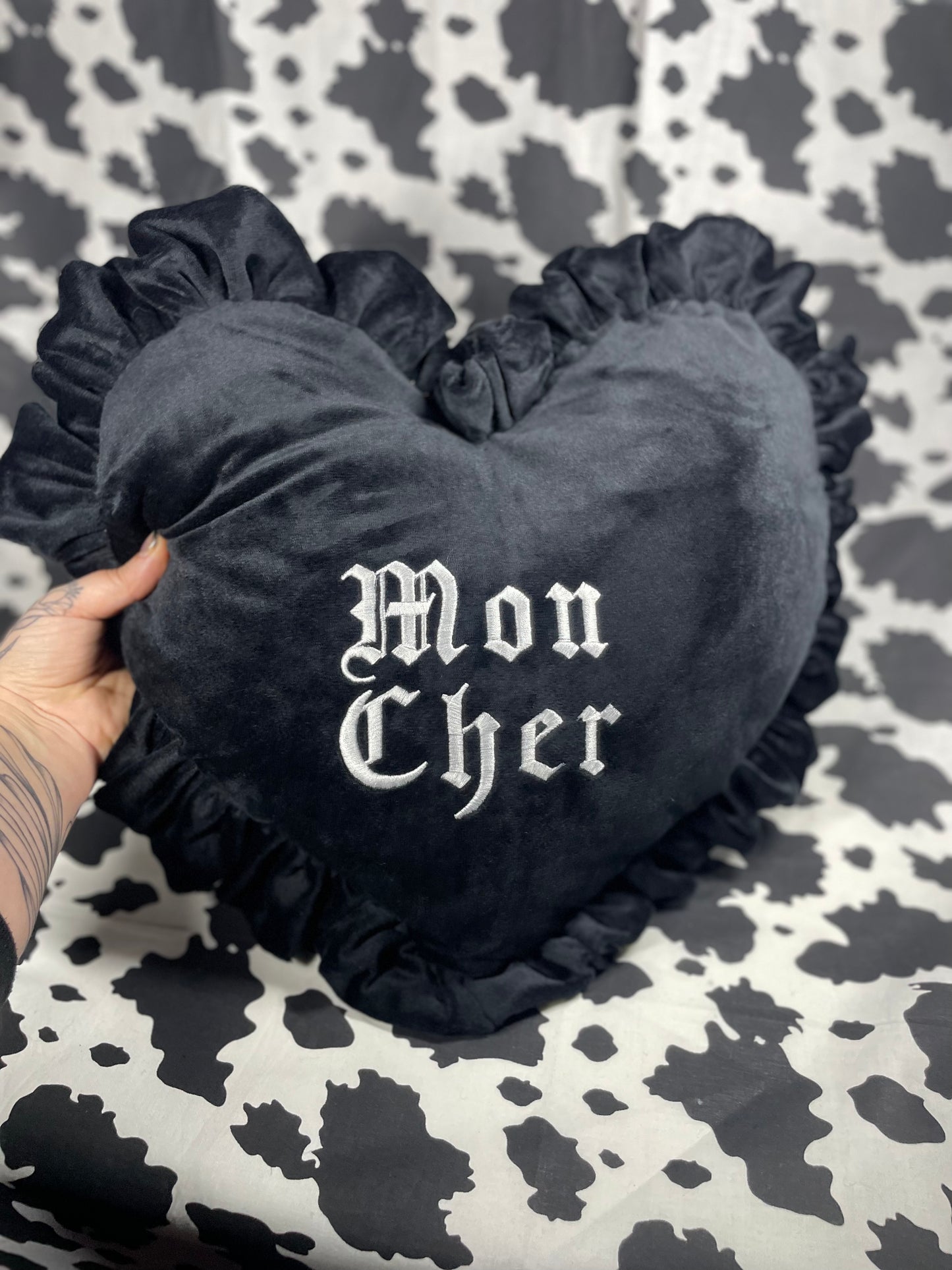 Mon Cher Velvet Embroidered Heart Ruffle Cushion