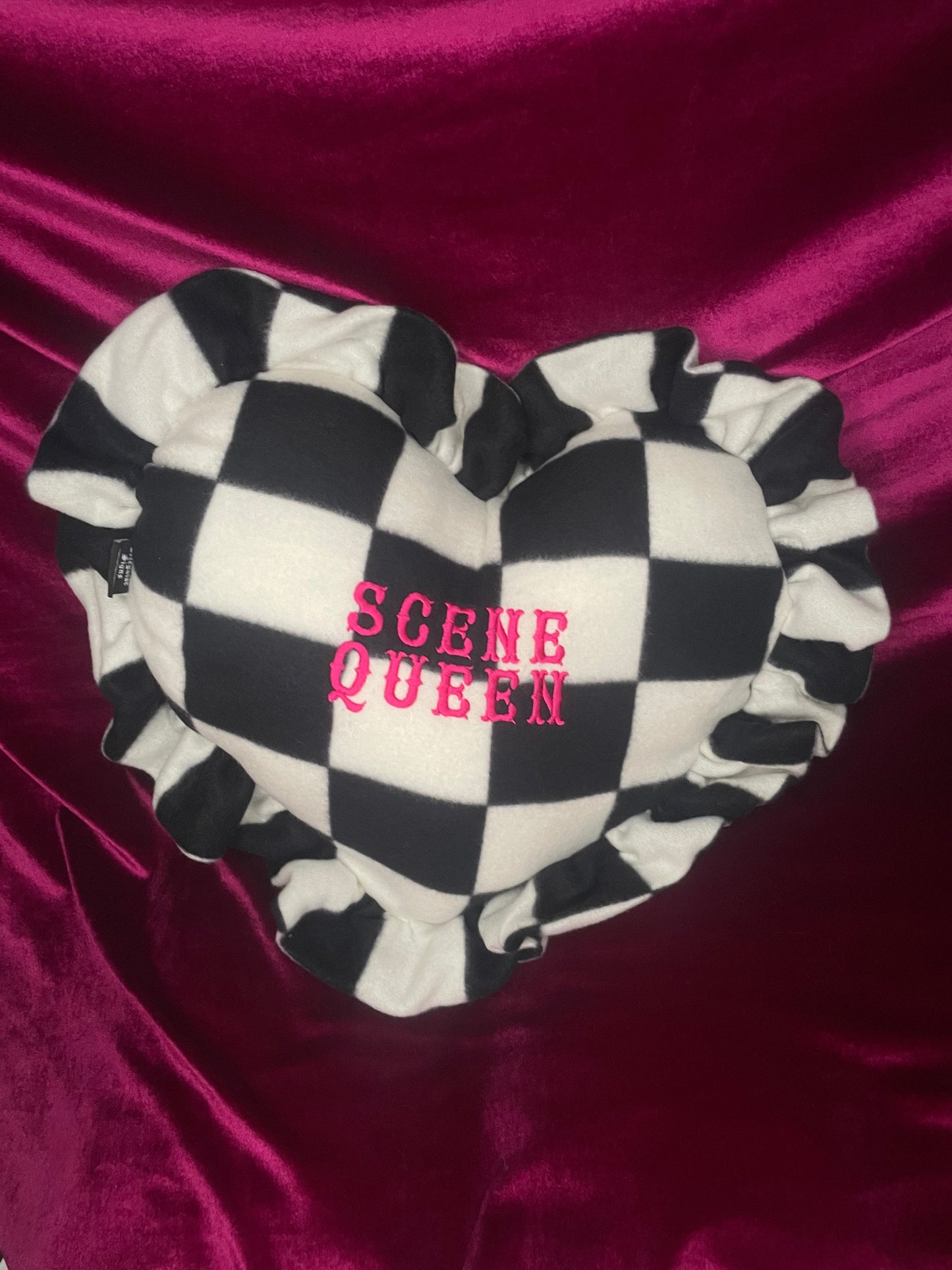 Scene Queen Plush Embroidered Heart Ruffle Cushion