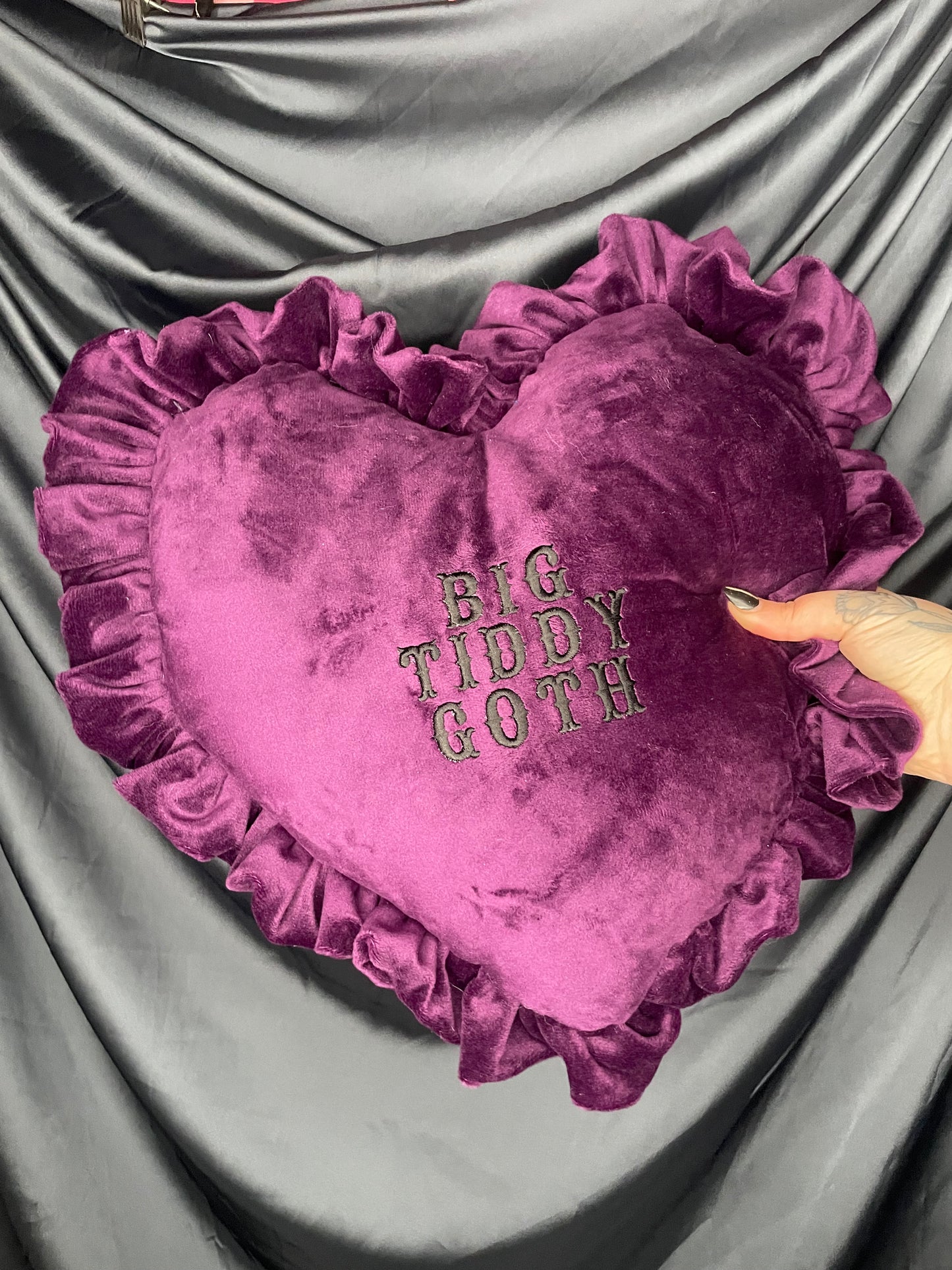 Big Tiddy Goth Velvet Embroidered Heart Ruffle Cushion
