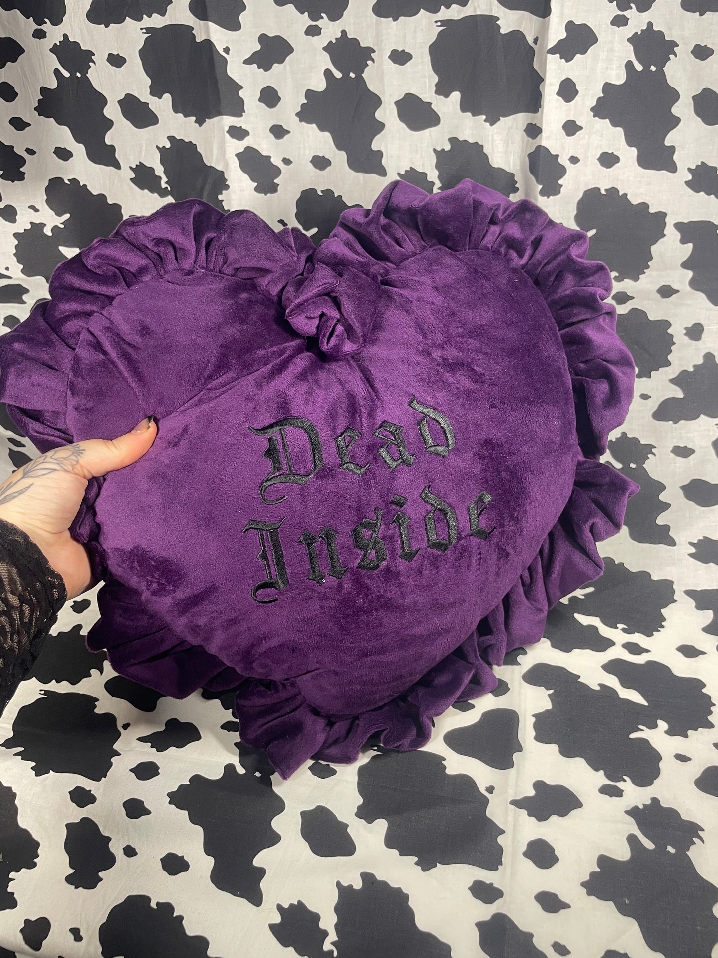Dead Inside Velvet Embroidered Heart Ruffle Cushion