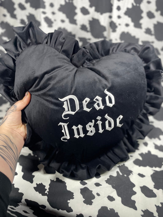 Dead Inside Velvet Embroidered Heart Ruffle Cushion