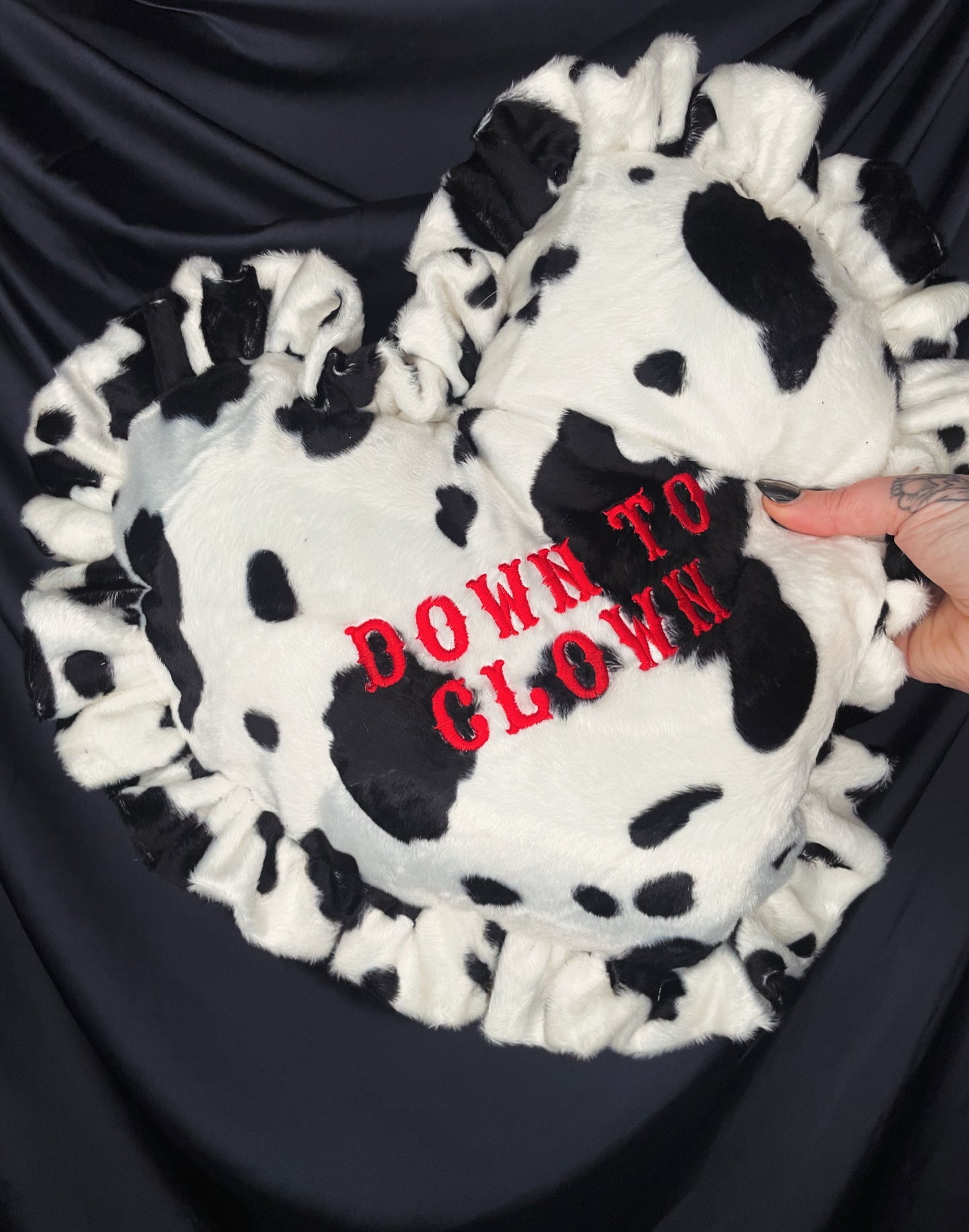 Down To Clown Velvet Embroidered Heart Ruffle Cushion