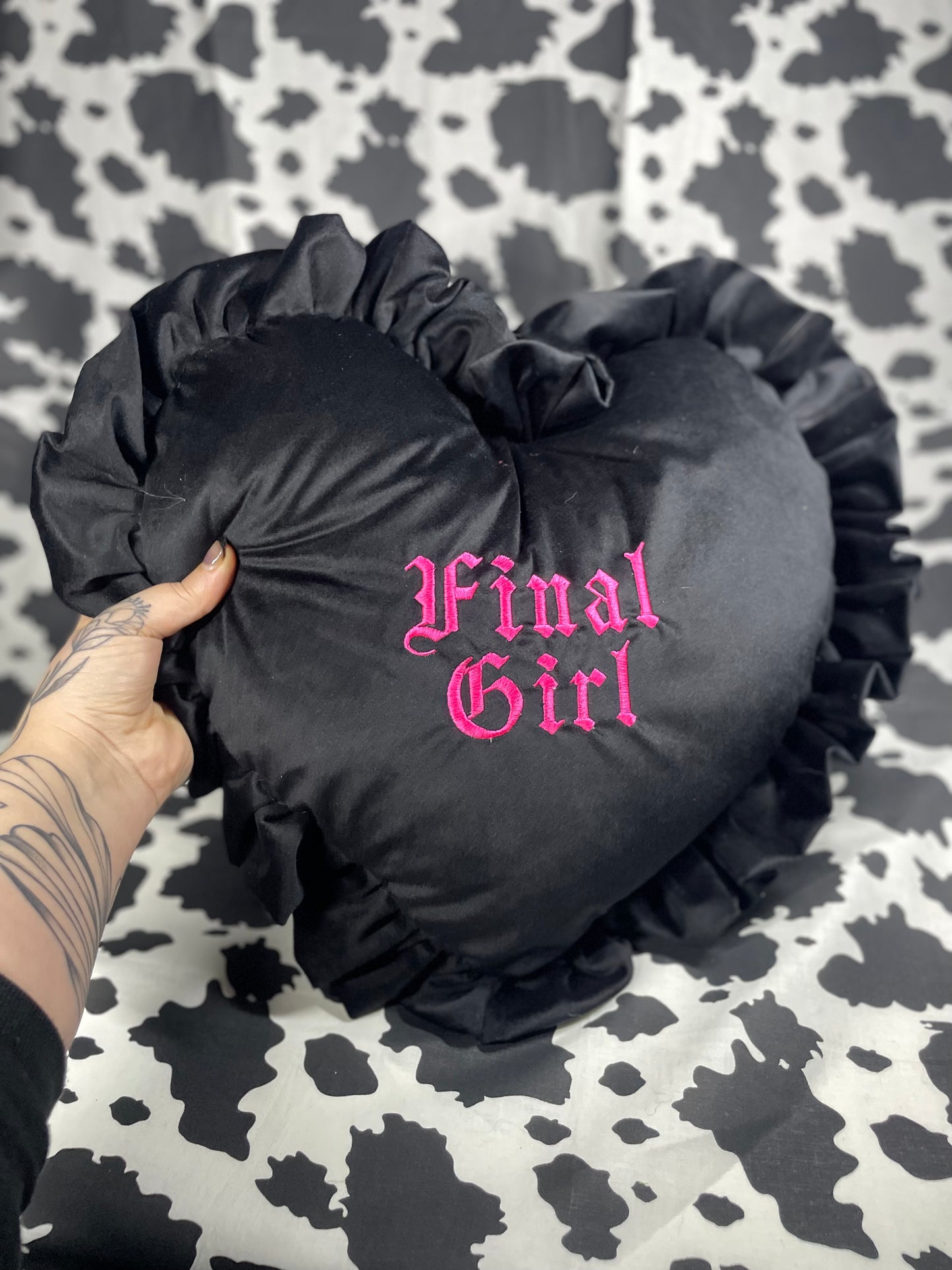 Final Girl Velvet Embroidered Heart Ruffle Cushion