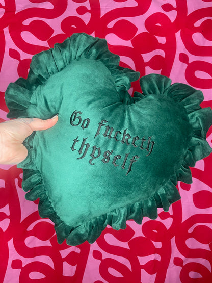 Go Fucketh Thyself Velvet Embroidered Heart Ruffle Cushion