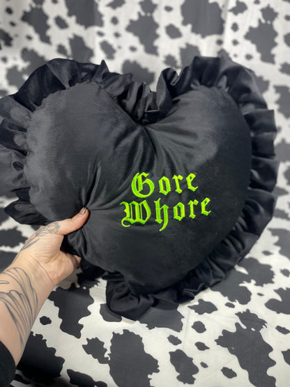 Gore Whore Velvet Embroidered Heart Ruffle Cushion