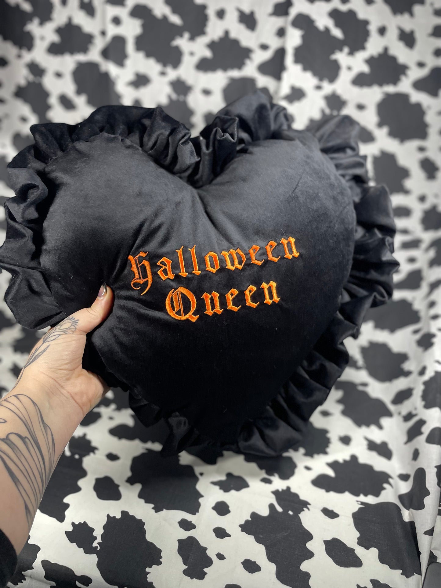 Halloween Queen Velvet Embroidered Heart Ruffle Cushion