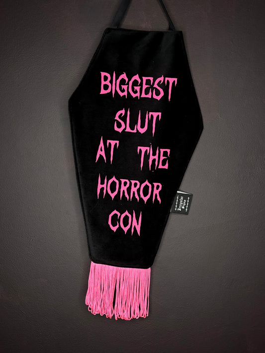 Pink Horror Con Black Velvet Coffin Shaped Fringe Banner Wall Hanging