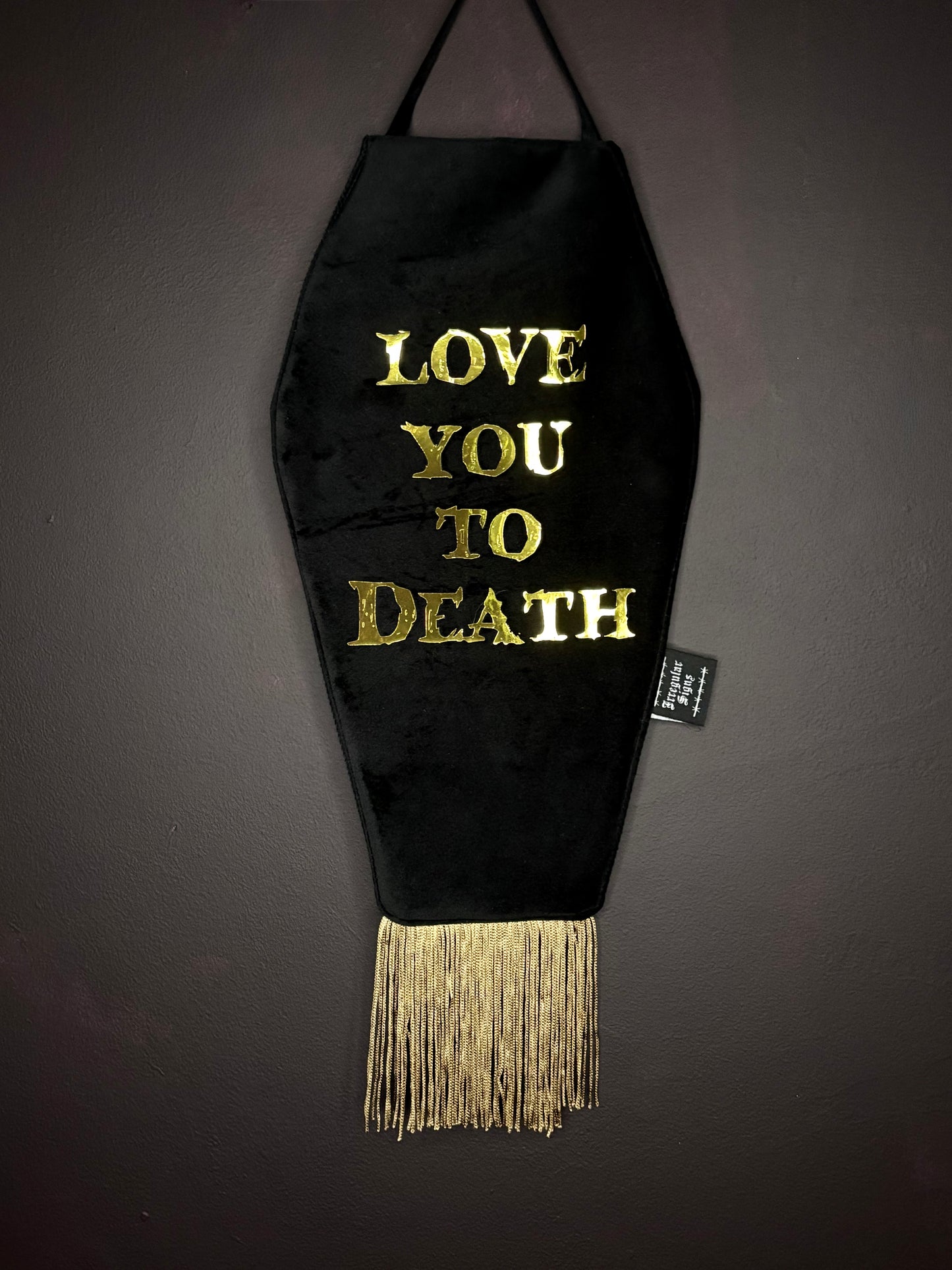 Love You Black Velvet Coffin Shaped Fringe Banner Wall Hanging