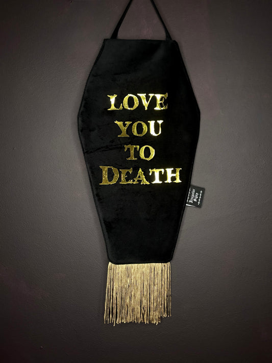 Love You Black Velvet Coffin Shaped Fringe Banner Wall Hanging