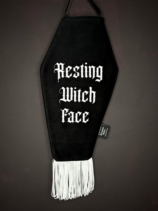 Resting Witch Black Velvet Coffin Shaped Fringe Banner Wall Hanging