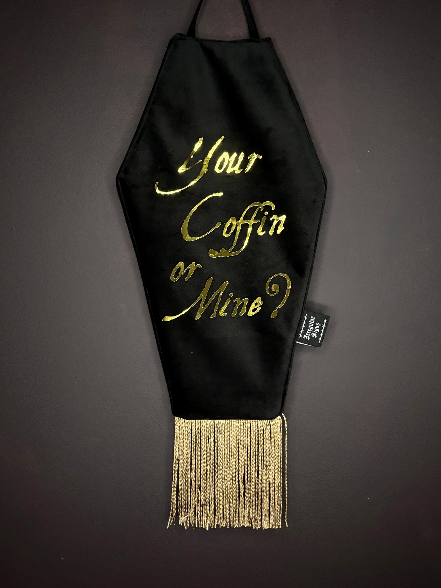 Your Coffin Black Velvet Coffin Shaped Fringe Banner Wall Hanging