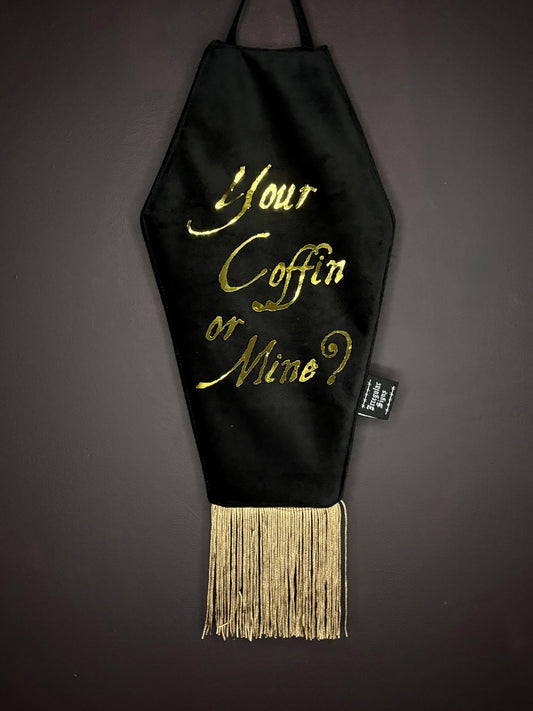 Your Coffin Black Velvet Coffin Shaped Fringe Banner Wall Hanging