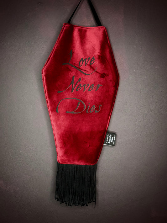 Love Never Dies Red Velvet Coffin Shaped Fringe Banner Wall Hanging