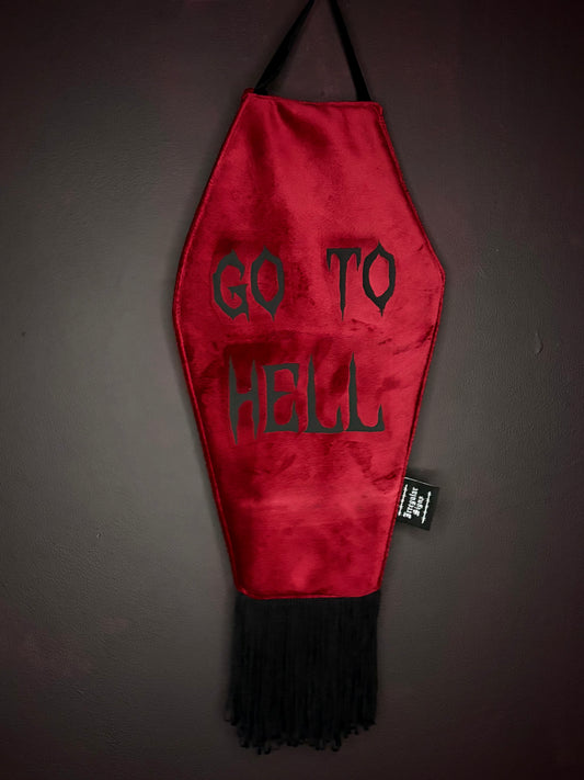 Go To Hell Red Velvet Coffin Shaped Fringe Banner Wall Hanging