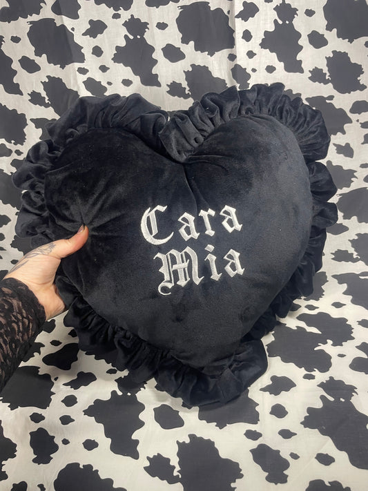 Cara Mia Velvet Embroidered Heart Ruffle Cushion