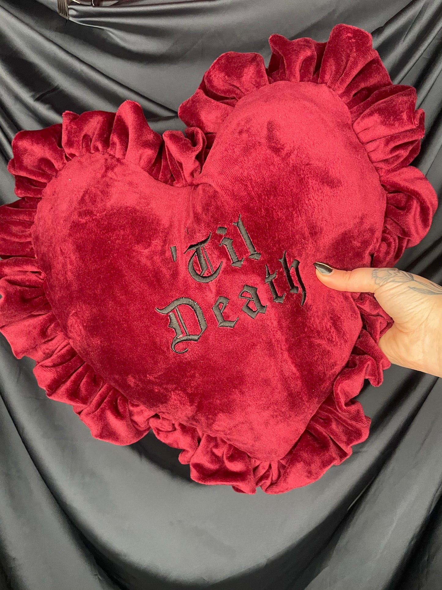 Til Death Velvet Embroidered Heart Ruffle Cushion