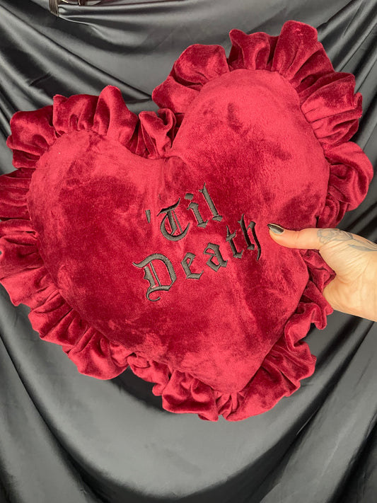 Til Death Velvet Embroidered Heart Ruffle Cushion