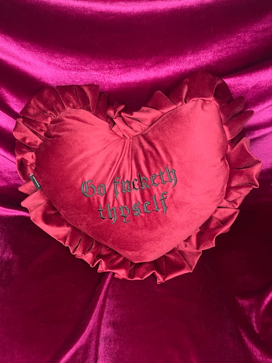 Go Fucketh Thyself Velvet Embroidered Heart Ruffle Cushion