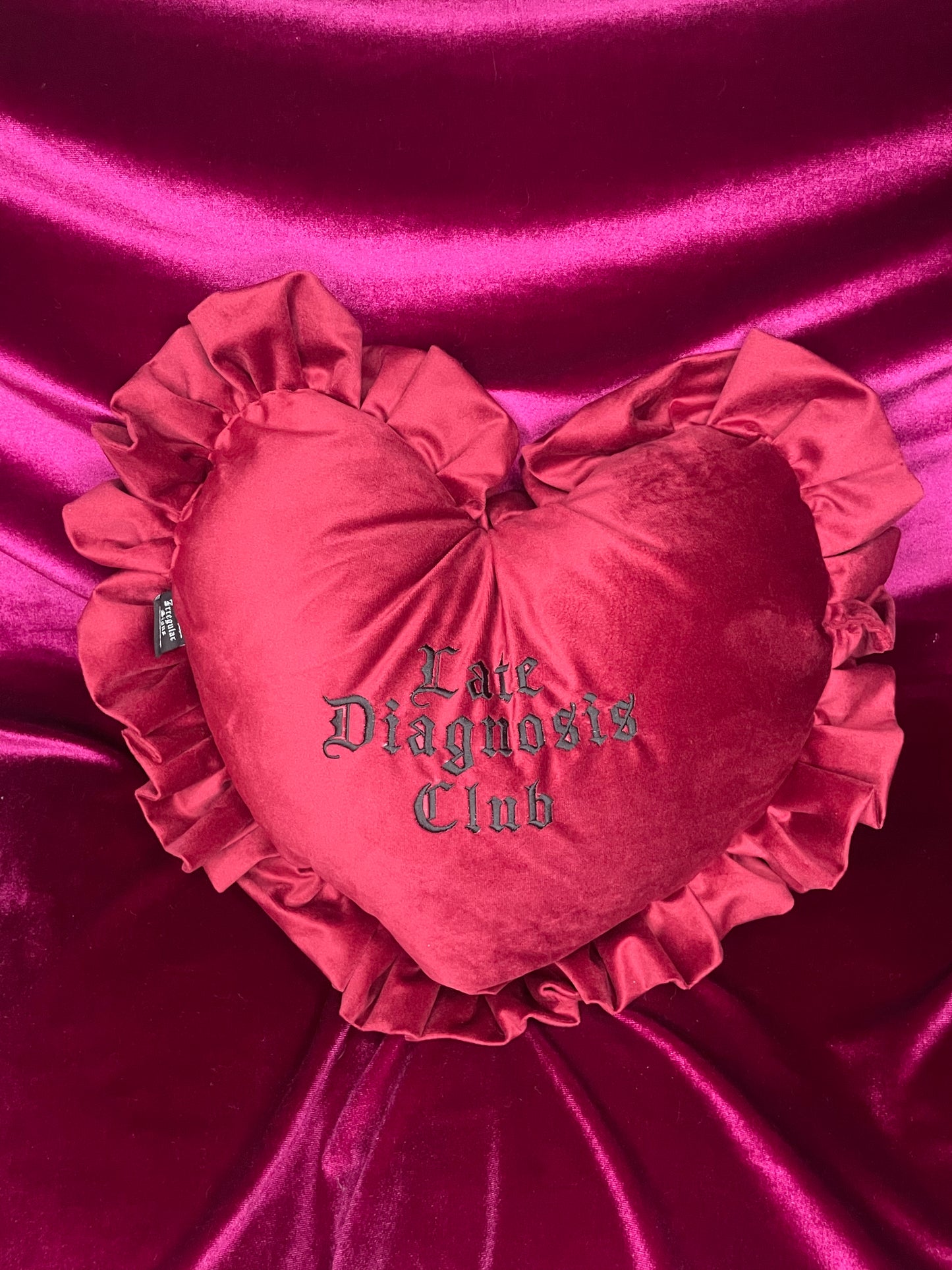 Late Diagnosis Club Velvet Embroidered Heart Ruffle Cushion