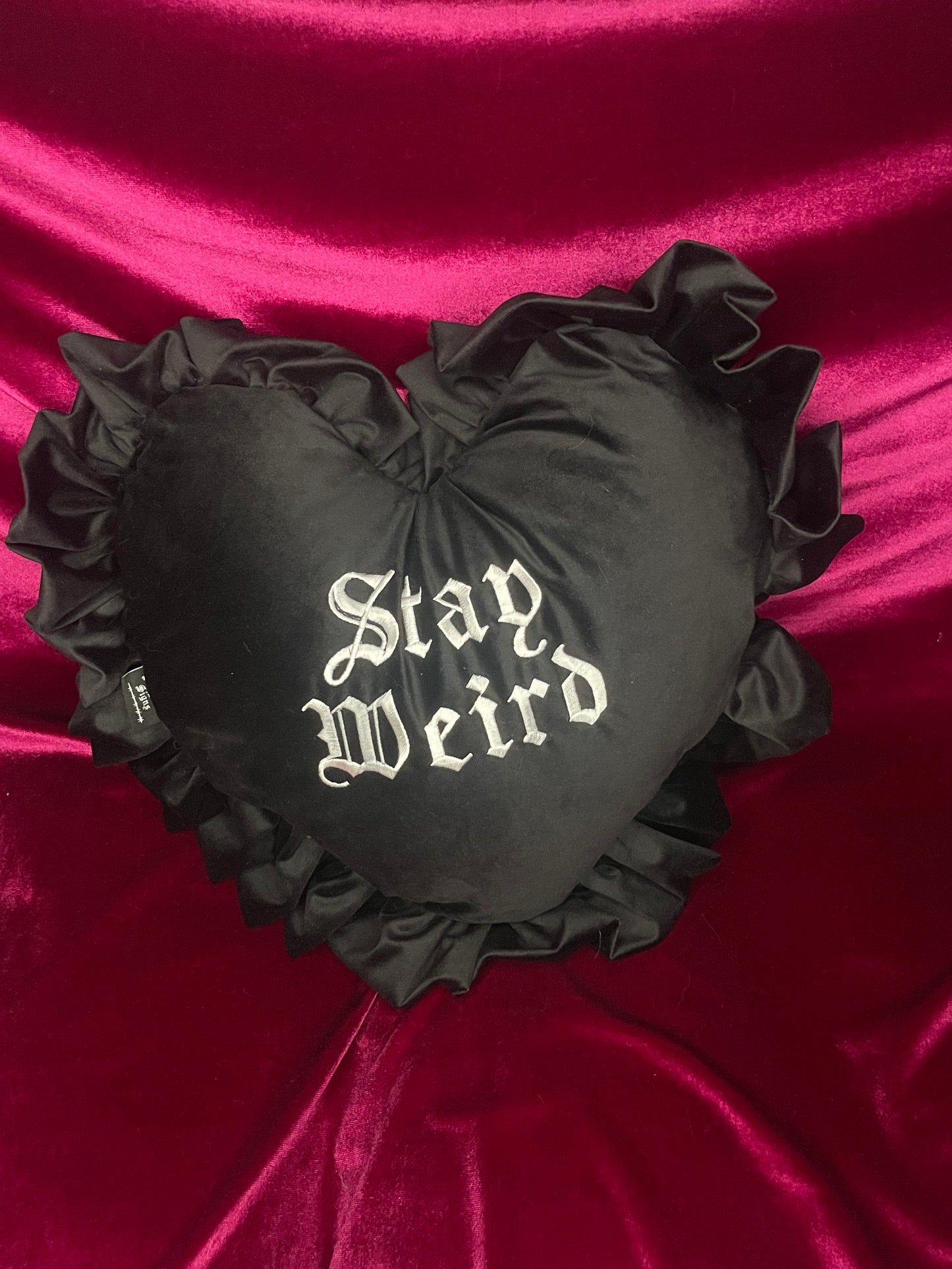 Stay Weird Velvet Embroidered Heart Ruffle Cushion