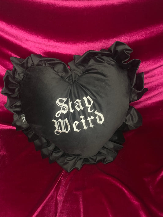 Stay Weird Velvet Embroidered Heart Ruffle Cushion