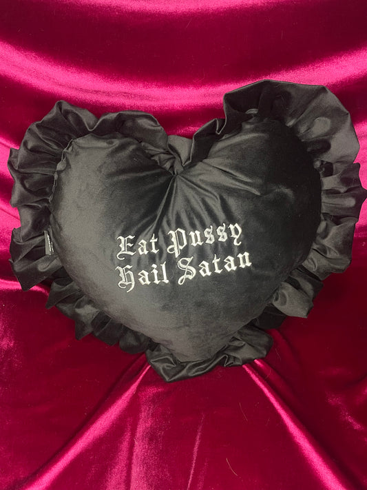 Eat Pussy Hail Satan Velvet Embroidered Heart Ruffle Cushion