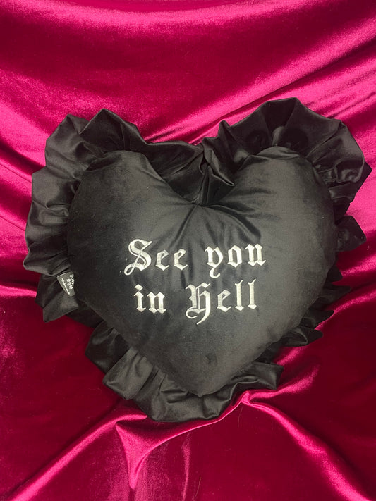 See You In Hell Velvet Embroidered Heart Ruffle Cushion