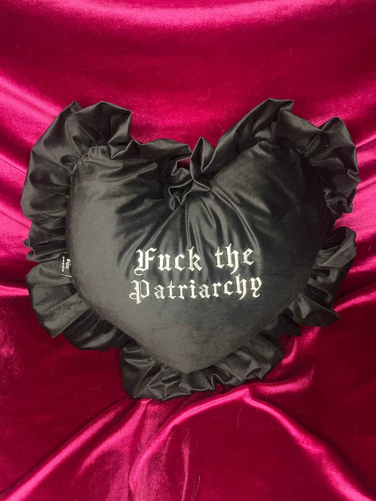 Fuck The Patriarchy Velvet Embroidered Heart Ruffle Cushion