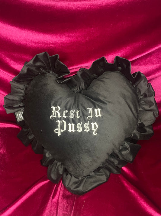 Rest In Pussy Velvet Embroidered Heart Ruffle Cushion