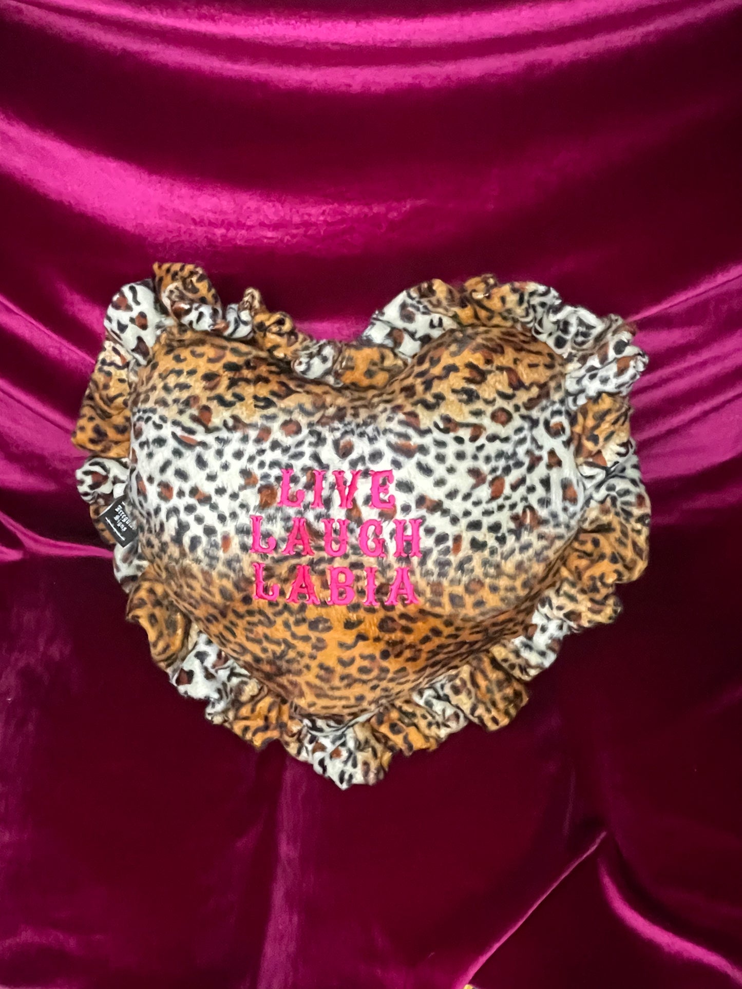 Live Laugh Labia Velvet Embroidered Heart Ruffle Cushion