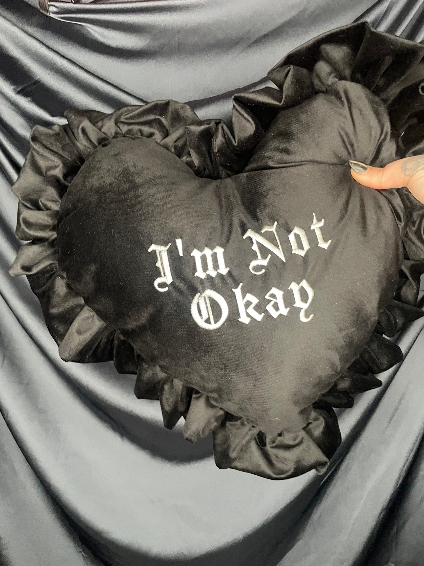 I'm Not Okay Velvet Embroidered Heart Ruffle Cushion
