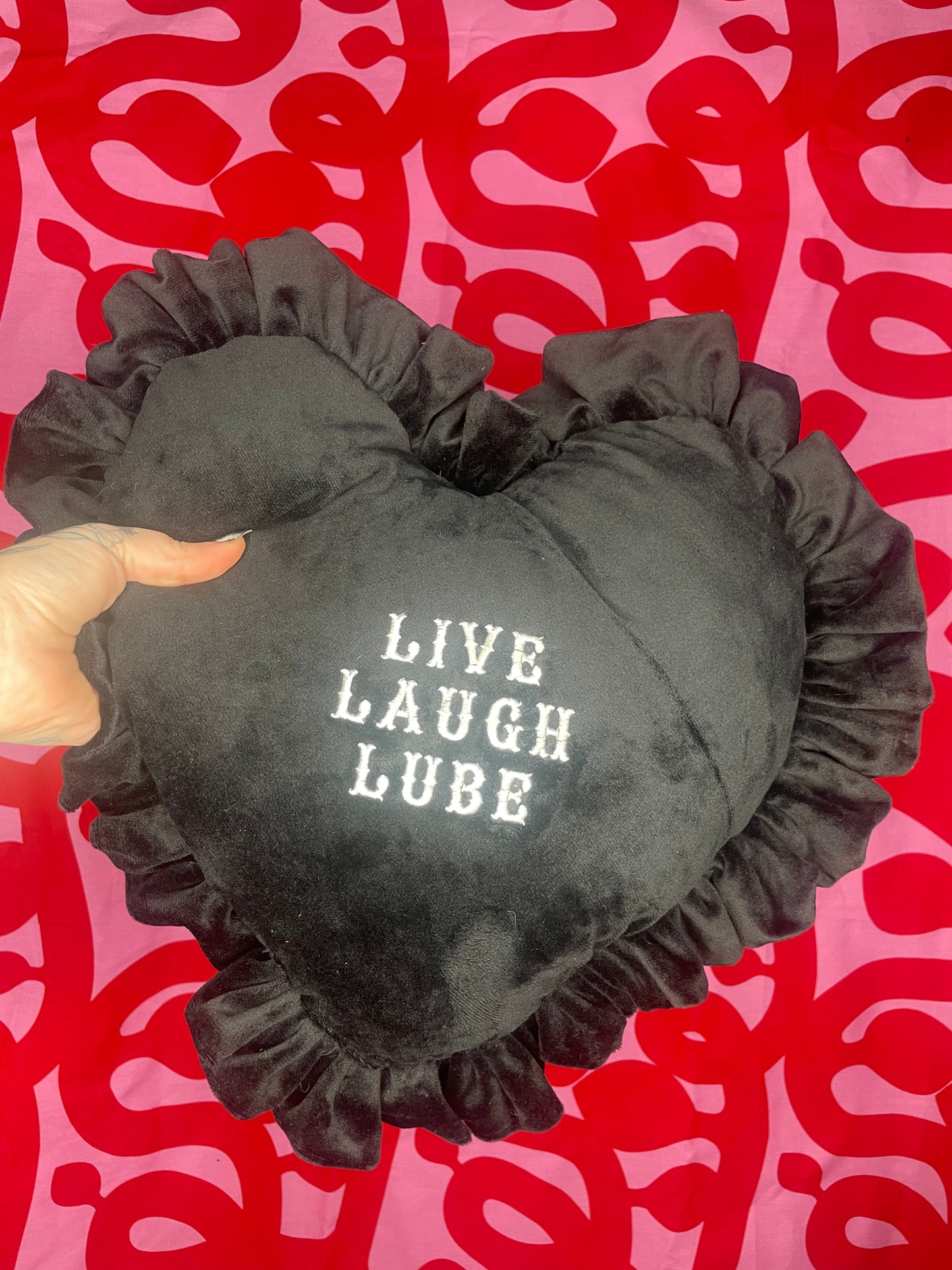 Live Laugh Lube Velvet Embroidered Heart Ruffle Cushion