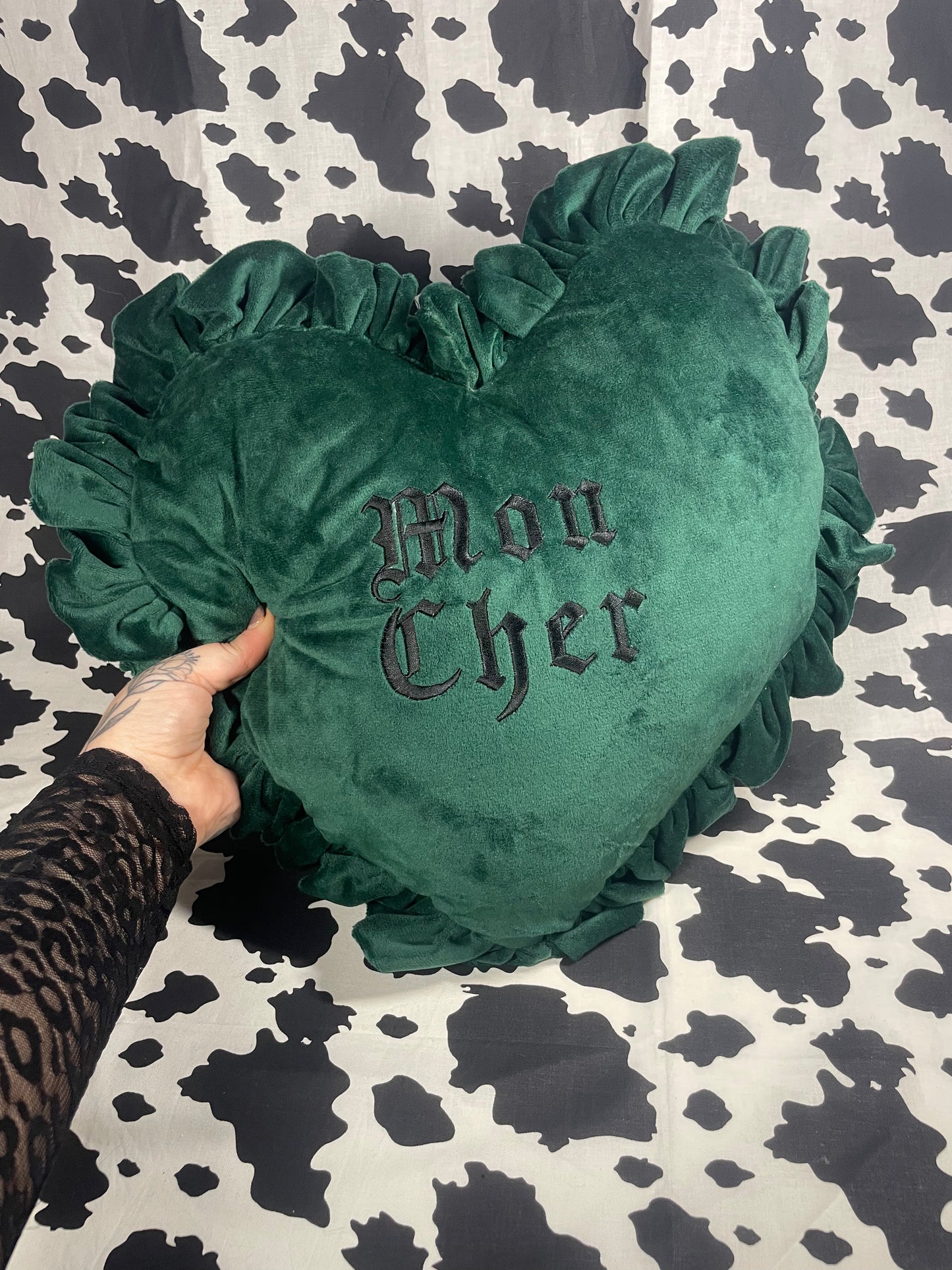 Mon Cher Velvet Embroidered Heart Ruffle Cushion
