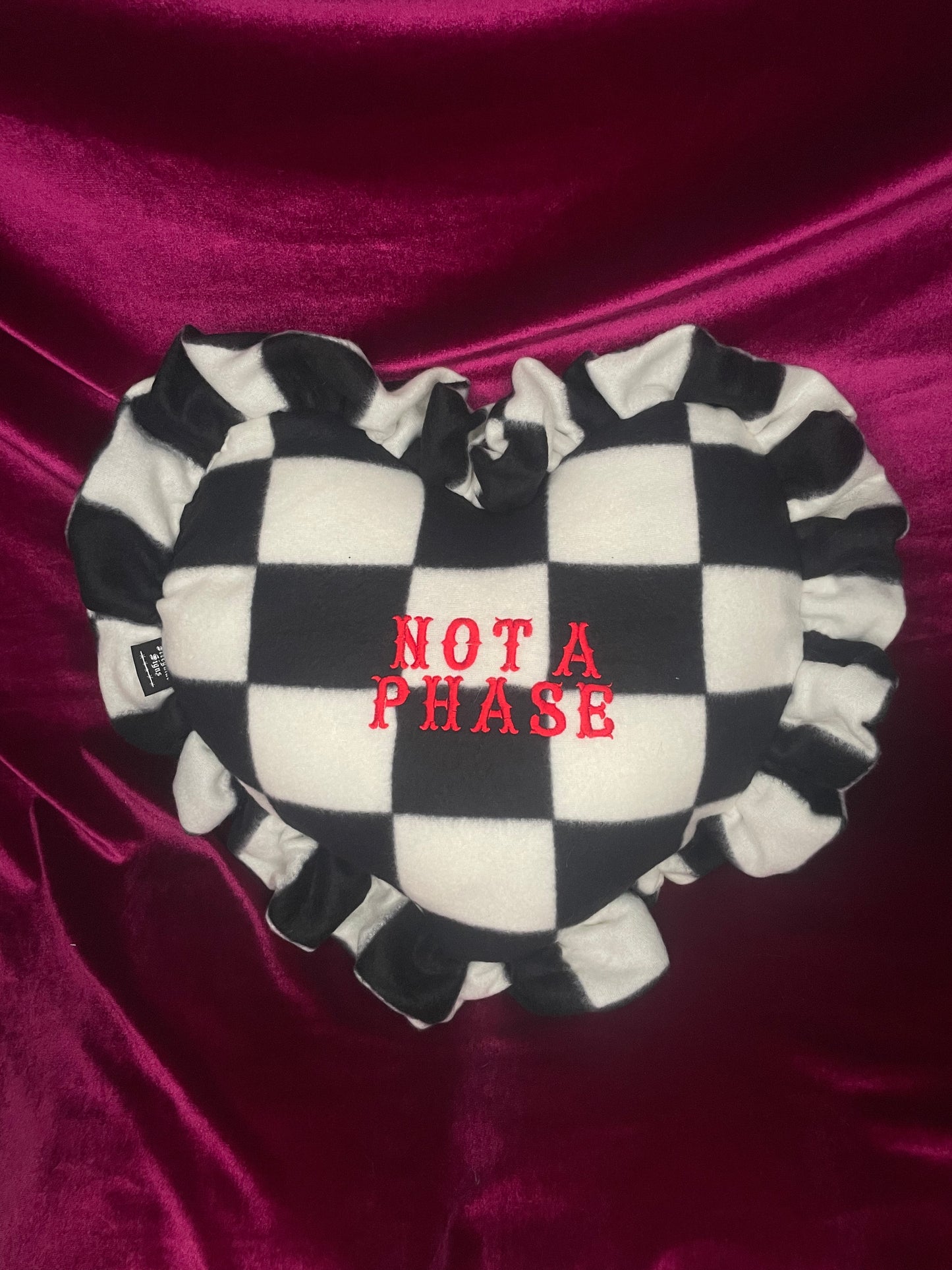 Not A Phase Plush Embroidered Heart Ruffle Cushion