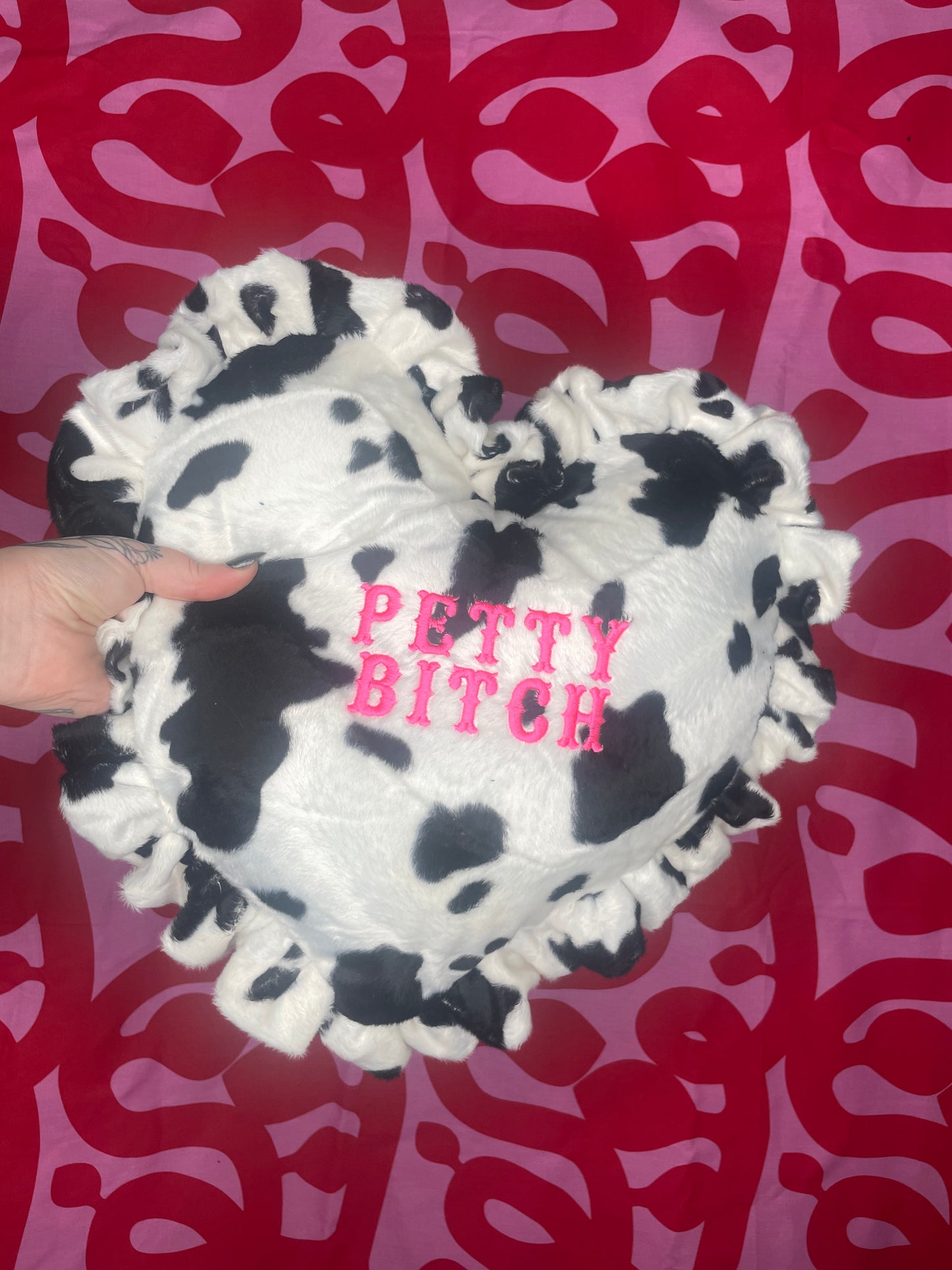Petty Bitch Velvet Embroidered Heart Ruffle Cushion