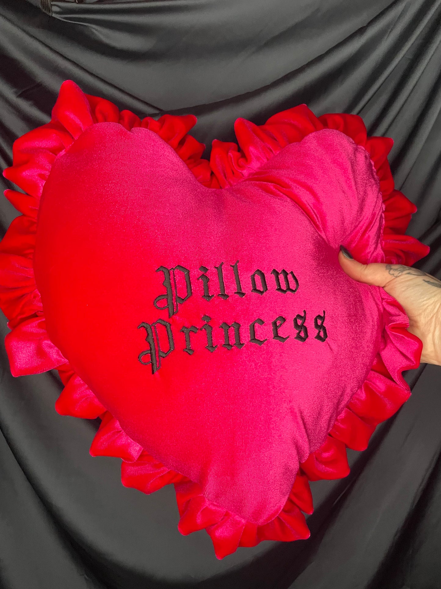 Pillow Princess Velvet Embroidered Heart Ruffle Cushion